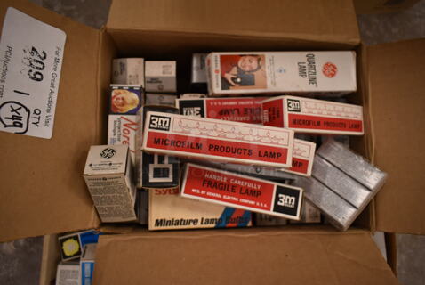 Box of 49 Various Bulbs Including Microfilm Products and GE Quartzine. (front room)