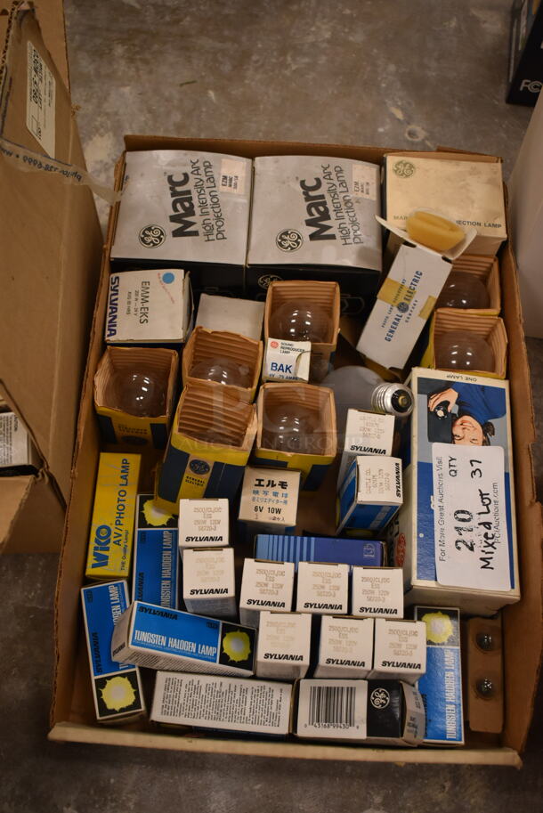 Box of 37 Various Bulbs Including GE Marc Projection Lamp, Sylvania 2500/CL/DC. (front room) - Image 1 of 6