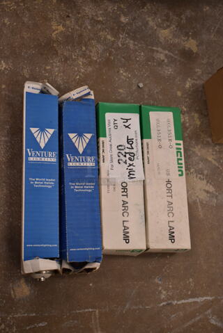 Lot of 4 Various Bulbs Including Venture Lighting and Ushio Short Arc Lamp. (front room)