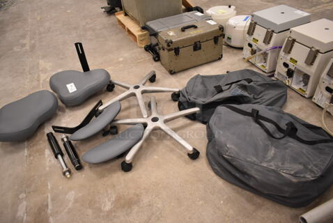 ALL ONE MONEY! Lot of Various Dental Chair Pieces and 2 Bags. (front room)