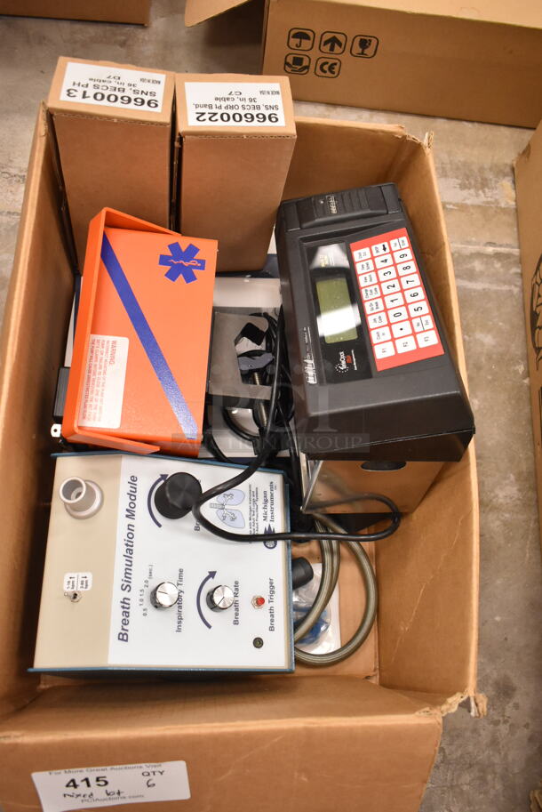 ALL ONE MONEY! Box of Various Items Including MTP 1001, Breath Simulation Module, TimeClock Mark II Series Control Module, Metal Rack. (front room) - Image 1 of 11