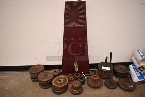 ALL ONE MONEY! Lot of Various Items Including Metal Weight Plates and Bench Cushion. (front room)