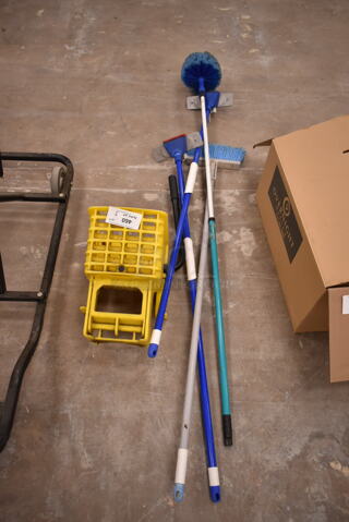 ALL ONE MONEY! Lot of Mop Bucket Wringing Attachment and Cleaning Equipment. (front room)