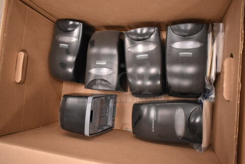 ALL ONE MONEY! Lot of 6 Kimberly-Clark Black Poly Wall Mount Soap Dispensers. (front room)