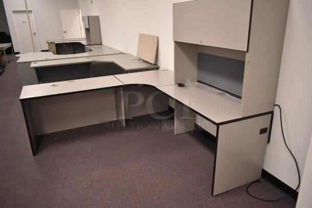 Gray L Shaped Desk w/ Overhead Cabinet. BUYER MUST REMOVE: Bring Tools and Manpower Needed To Remove This Item. (back room) - Image 2 of 6