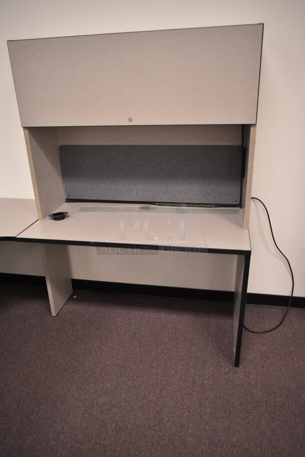 Gray L Shaped Desk w/ Overhead Cabinet. BUYER MUST REMOVE: Bring Tools and Manpower Needed To Remove This Item. (back room) - Image 3 of 6