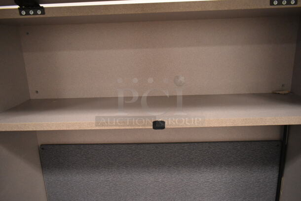Gray L Shaped Desk w/ Overhead Cabinet. BUYER MUST REMOVE: Bring Tools and Manpower Needed To Remove This Item. (back room) - Image 4 of 6