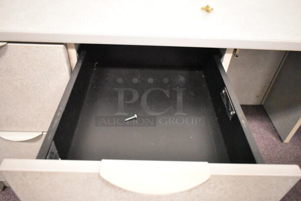 Gray U Shaped Desk w/ 5 Drawers. BUYER MUST REMOVE: Bring Tools and Manpower Needed To Remove This Item. (back room) - Image 9 of 12