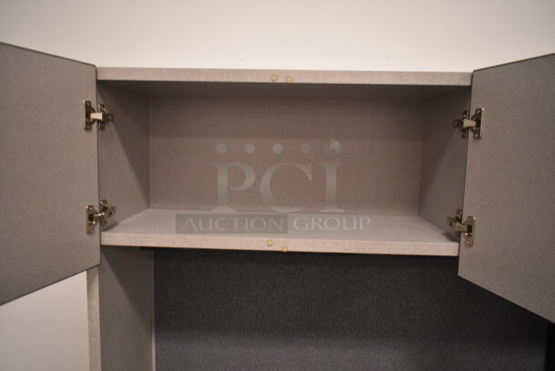 Gray U Shaped Desk w/ Overhead Cabinet. BUYER MUST REMOVE: Bring Tools and Manpower Needed To Remove This Item. (back room) - Image 4 of 6
