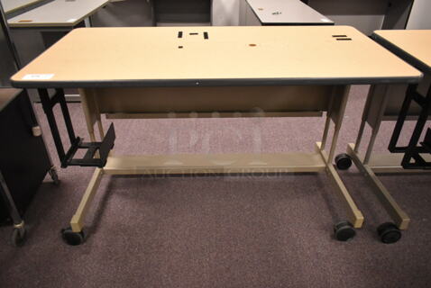 Wood Pattern Desk on Casters. (back room)
