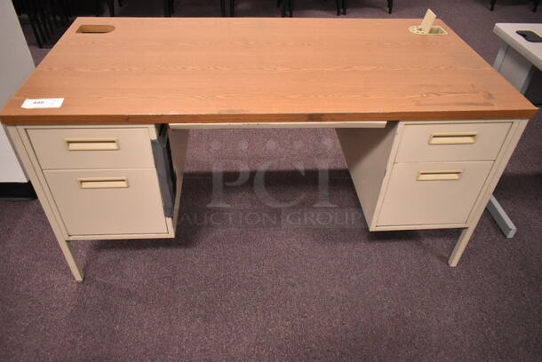 Tan Metal Desk w/ Wood Pattern Desk Top and 4 Drawers. (back room) - Image 1 of 7