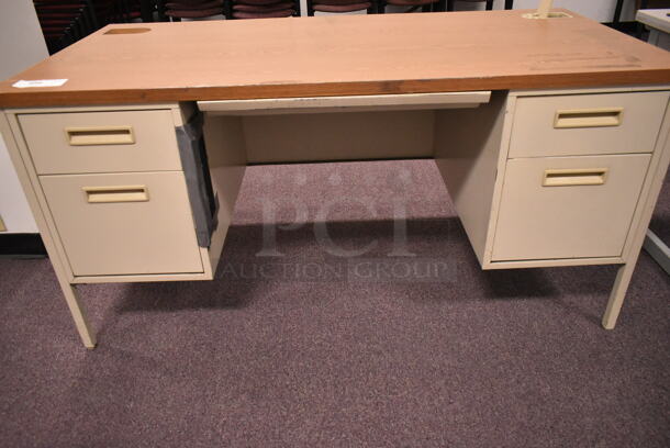 Tan Metal Desk w/ Wood Pattern Desk Top and 4 Drawers. (back room) - Image 2 of 7