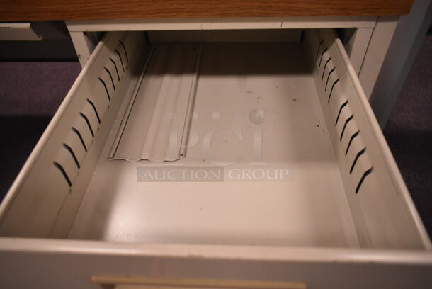 Tan Metal Desk w/ Wood Pattern Desk Top and 4 Drawers. (back room) - Image 5 of 7