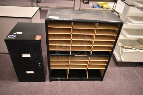 2 Items; Black Metal 2 Drawer Filing Cabinet and Filer. 2 Times Your Bid! (back room)
