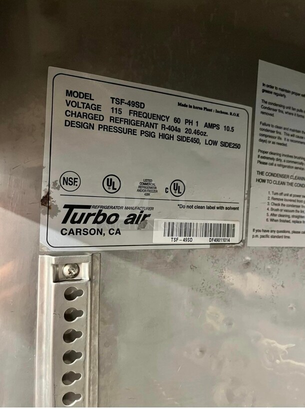 Late Model Turbo Air TSF-49SD Super Deluxe 54 inch Solid Door Reach-In Freezer 115 Volt Working - Image 7 of 7