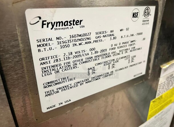 Late Model Frymaster ESG35T Gas Fryer - (1) 35 lb Vat, Floor Model, Natural Gas Working - Image 2 of 5