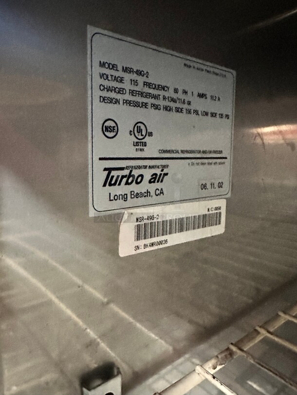 Excellent Condition Turbo Air MSR-49G-2 Two Glass Door Reach In Refrigerator 49 Cu. Ft. 115 Volt Working - Image 2 of 7