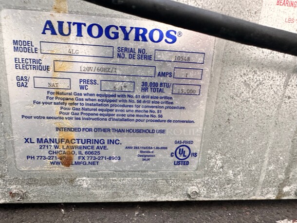 Excellent Condition AutoGyros 4LG 65 lb. Vertical Natural Gas Gyro Broiler - 30,000 BTU Working - Image 5 of 5