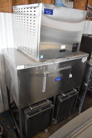 Howe 1000-SCAE Stainless Steel Commercial Ice Head on 2019 Howe CP1500 Stainless Steel Ice Bin w/ 2 Black Poly Portable Ice Bins. 120/230 Volts, 1 Phase