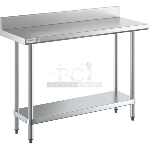 BRAND NEW SCRATCH AND DENT! Regency 600TB1848G 18" x 48" 18-Gauge 304 Stainless Steel Commercial Work Table with 4" Backsplash and Galvanized Undershelf. May Be Missing Pieces.
 - Image 1 of 2