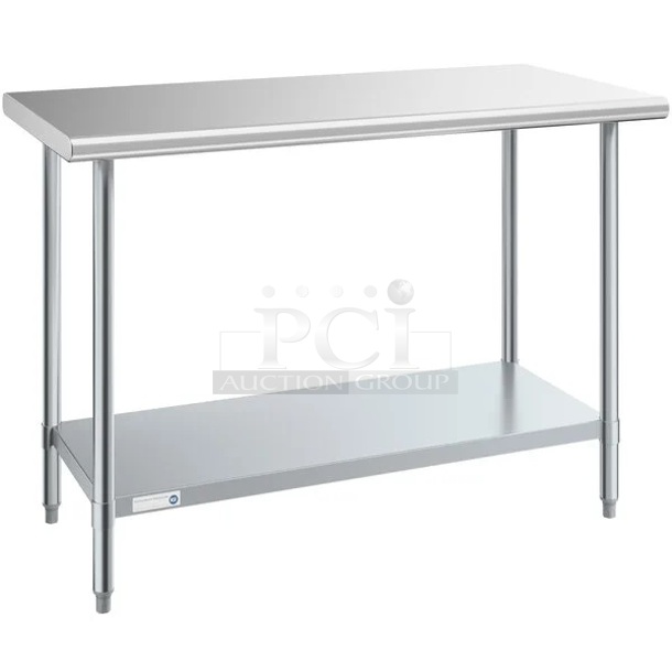 BRAND NEW SCRATCH AND DENT! Steelton 522ETSG2448 24" x 48" 18 Gauge 430 Stainless Steel Work Table with Undershelf. May Be Missing Pieces.
 - Image 1 of 2