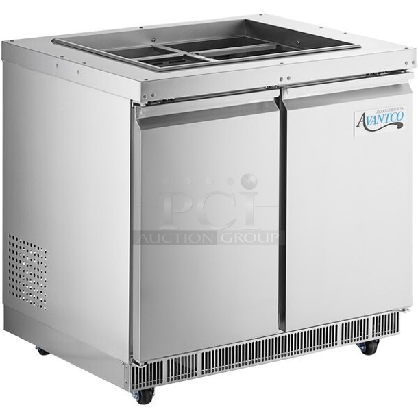 BRAND NEW SCRATCH AND DENT! 2023 Avantco 178SSCFT36HC Stainless Steel Commercial Prep Table on Commercial Casters. 115 Volts, 1 Phase. Tested and Powers On But Does Not Get Cold
 - Image 1 of 8