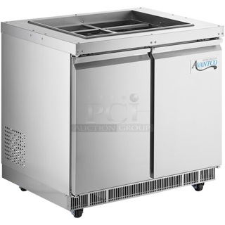 BRAND NEW SCRATCH AND DENT! 2023 Avantco 178SSCFT36HC Stainless Steel Commercial Prep Table on Commercial Casters. 115 Volts, 1 Phase. Tested and Powers On But Does Not Get Cold
