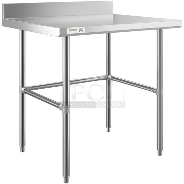 BRAND NEW SCRATCH AND DENT! Regency 600WT30X3655 30" x 36" 16-Gauge 304 Stainless Steel Commercial Open Base Work Table with 4" Backsplash. May Be Missing Pieces. - Image 1 of 3