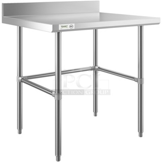 BRAND NEW SCRATCH AND DENT! Regency 600WT30X3655 30" x 36" 16-Gauge 304 Stainless Steel Commercial Open Base Work Table with 4" Backsplash. May Be Missing Pieces.