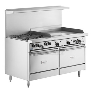 BRAND NEW SCRATCH AND DENT! 2023 Garland G60-4G36RR Stainless Steel Commercial Natural Gas Powered 4 Burner 60" Range with 36" Griddle and 2 Standard Ovens, Over Shelf and Back Splash. 262,000 BTU