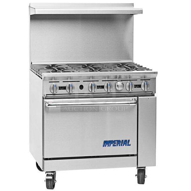 BRAND NEW SCRATCH AND DENT! Imperial 974IR6CNG Stainless Steel Commercial Natural Gas Powered 6 Burner Range w/ CONVECTION Oven and Over Shelf. No Back Splash.  - Image 1 of 9