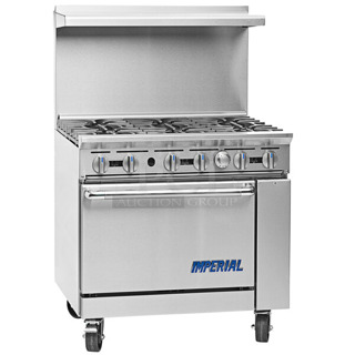 BRAND NEW SCRATCH AND DENT! Imperial 974IR6CNG Stainless Steel Commercial Natural Gas Powered 6 Burner Range w/ CONVECTION Oven and Over Shelf. No Back Splash. 