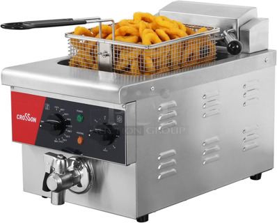 BRAND NEW SCRATCH AND DENT! 2024 Crosson EF-6V Stainless Steel Commercial Countertop Electric Powered Fryer w/ Metal Fry Basket and Lid. 120 Volts, 1 Phase.