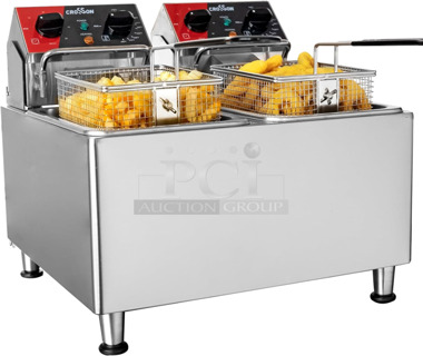 BRAND NEW SCRATCH AND DENT! 2023 Crosson CF-20 Stainless Steel Commercial Countertop Electric Powered 2 Bay Fryer. 120 Volts, 1 Phase.