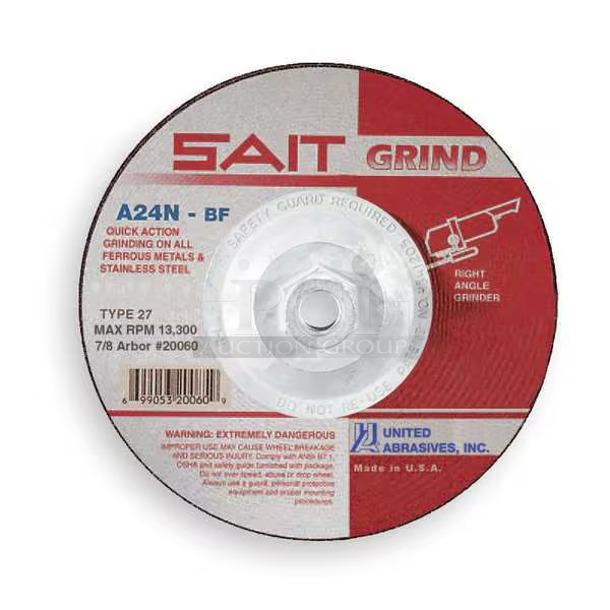 3 Boxes of 30 BRAND NEW! United Abrasives SAIT 20085 Depressed Center Grinding Wheel, 27, 7" Dia, 1/4" Thick, 5/8"-11 Arbor Hole Size, Aluminum Oxide. 3 Times Your Bid! - Image 1 of 4