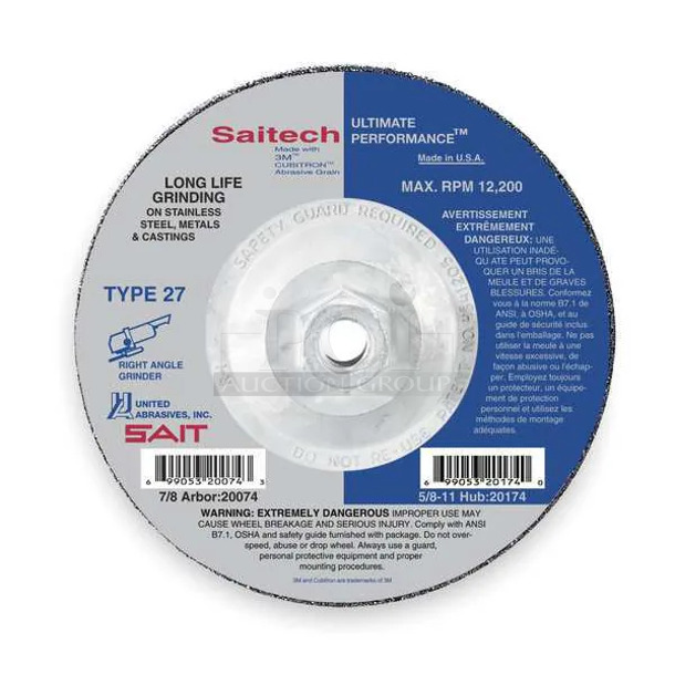 2 Box of 10 BRAND NEW! United Abrasives SAIT 20089 Depressed Center Grinding Wheel, 27, 7" Dia, 1/4" Thick, 5/8"-11 Arbor Hole Size, Ceramic. 2 Times Your Bid! - Image 1 of 3