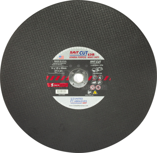 Box of 20 BRAND NEW! United Abrasive SAIT 23455 14X1/8X20mm A24R Heavy Duty General Purpose Portable Saw Cut-Off Wheels - Image 1 of 3