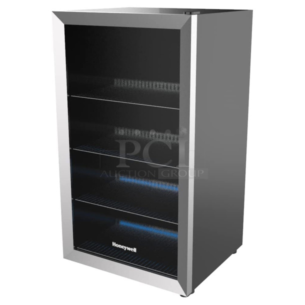 BRAND NEW SCRATCH AND DENT! Honeywell H115BCS Metal Single Door Mini 115 Can Cooler and Beverage Refrigerator with Glass Door. 120 Volts, 1 Phase. Tested and Working! - Image 1 of 5