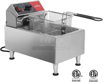 BRAND NEW SCRATCH AND DENT! 2023 Crosson CF-13 Stainless Steel Commercial Countertop Electric Powered Fryer w/ Metal Fry Basket and Lid. 120 Volts, 1 Phase.