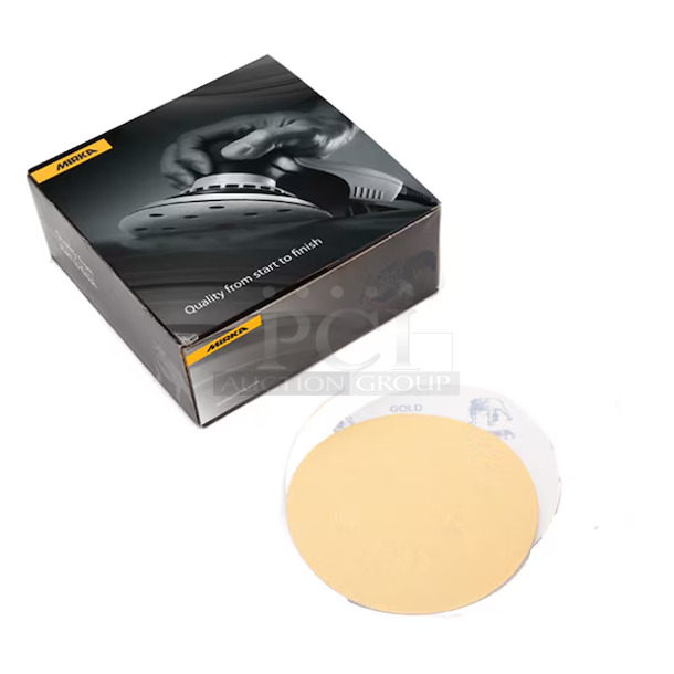 5 Boxes of BRAND NEW! Mirka Items; 4 Box 23-332-080 Bulldog Gold 5-Inch PSA Disc 80 Grit and 1 Box 23-308-100 3.5-Inch Disc. 5 Times Your Bid! - Image 1 of 4