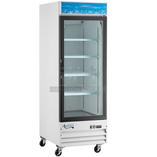 BRAND NEW SCRATCH AND DENT! 2023 Avantco 178GDC23HCW Metal Commercial Single Door Reach In Cooler Merchandiser w/ Poly Coated Racks on Commercial Casters. 115 Volts, 1 Phase. Tested and Working!
