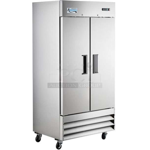 BRAND NEW SCRATCH AND DENT! 2023 Avantco 178A35FHC Stainless Steel Commercial 2 Door Reach In Freezer w/ Poly Coated Racks. Dent On Top Left. 115 Volts, 1 Phase. Tested and Working! - Image 1 of 8