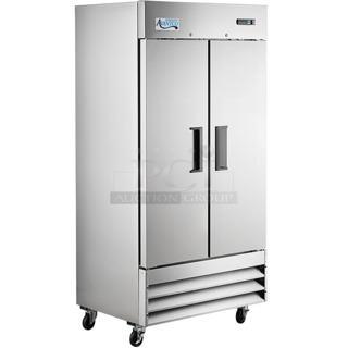 BRAND NEW SCRATCH AND DENT! 2023 Avantco 178A35FHC Stainless Steel Commercial 2 Door Reach In Freezer w/ Poly Coated Racks. Dent On Top Left. 115 Volts, 1 Phase. Tested and Working!