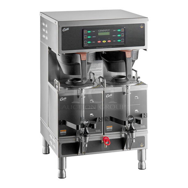 BRAND NEW SCRATCH AND DENT! Curtis GEMTS10A1000 Stainless Steel Commercial Countertop G3 Gemini Twin 1.5 Gallon Satellite Coffee Brewer w/ Hot Water Dispenser, 2 Satellite Servers and 2 Poly Brew Baskets. 220 Volts, 1 Phase.  - Image 1 of 11