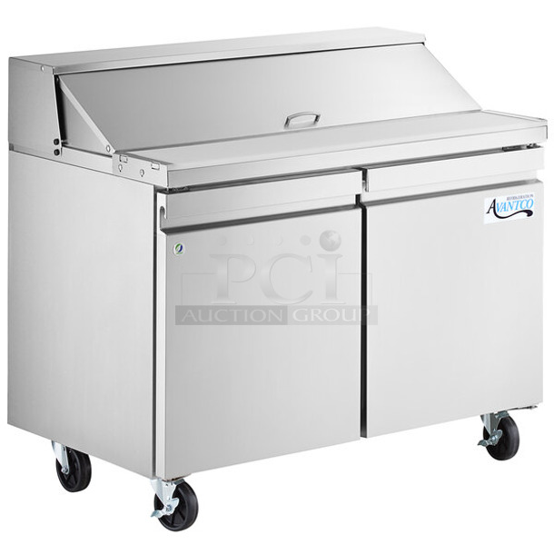 BRAND NEW SCRATCH AND DENT! 2023 Avantco 447APST48 Stainless Steel Commercial 48" 2 Door Stainless Steel Refrigerated Sandwich / Salad Prep Table on Commercial Casters. 115 Volts, 1 Phase. Tested and Working! - Image 1 of 7