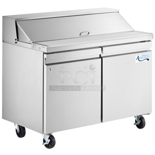BRAND NEW SCRATCH AND DENT! 2023 Avantco 447APST48 Stainless Steel Commercial 48" 2 Door Stainless Steel Refrigerated Sandwich / Salad Prep Table on Commercial Casters. 115 Volts, 1 Phase. Tested and Working!