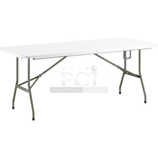 BRAND NEW SCRATCH AND DENT! Lancaster Table & Seating 384YCZ7230BF 30" x 72" Heavy-Duty Granite White Plastic Bi-Folding Table