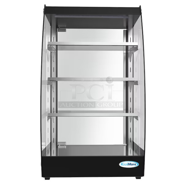 BRAND NEW SCRATCH AND DENT! KoolMore DC-3CB Metal Commercial Countertop Display Case 4 Tier Self Service Pastry Case with LED lighting and Rear Door. Tested and Working! - Image 1 of 5