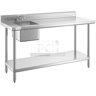 BRAND NEW SCRATCH AND DENT! Regency 600ST3072R Stainless Steel Commercial 30" x 72" 16 Gauge Stainless Steel Work Table with Sink. No Under Shelf or Legs. Bay 15.5x20x15