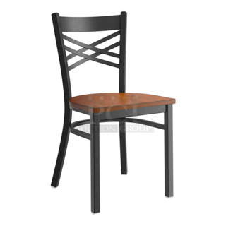 4 BRAND NEW SCRATCH AND DENT! Lancaster Table & Seating Black Metal Dining Height Cross Back Chairs w/ Wood Pattern Seat. 4 Times Your Bid!